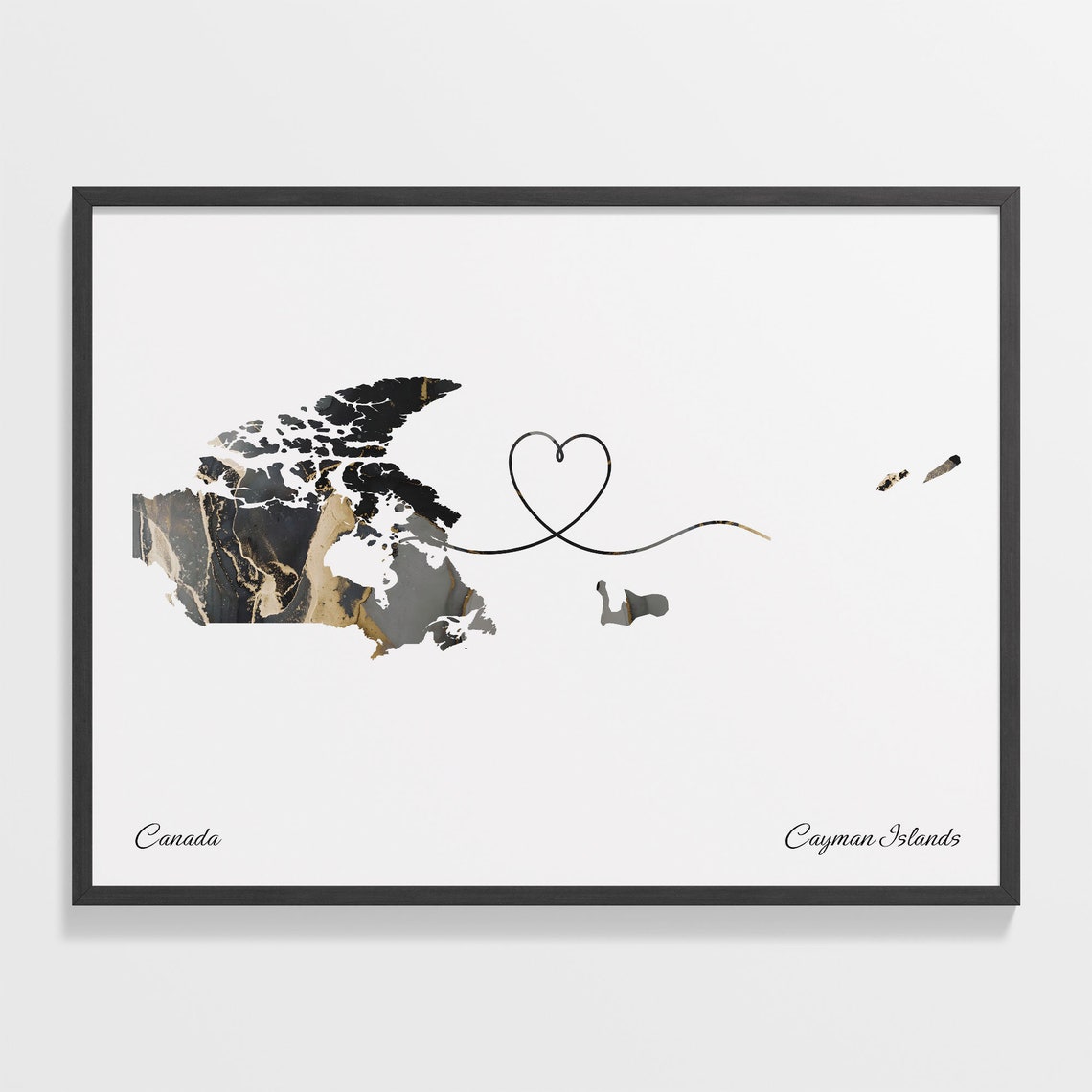 Canada to Cayman Islands Black Gold Marble Heart Connection Map Poster