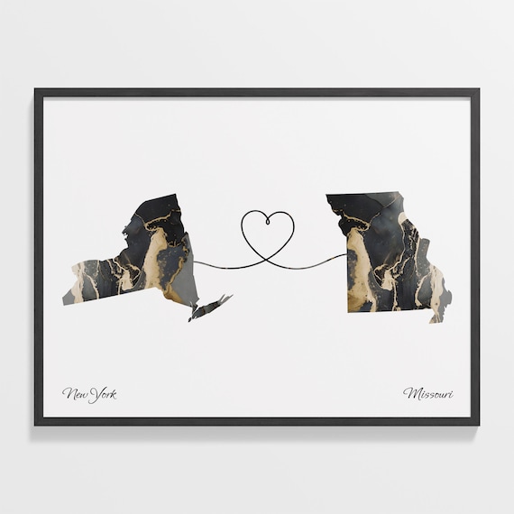 New York to Missouri Long Distance Love Marble Map Art Poster