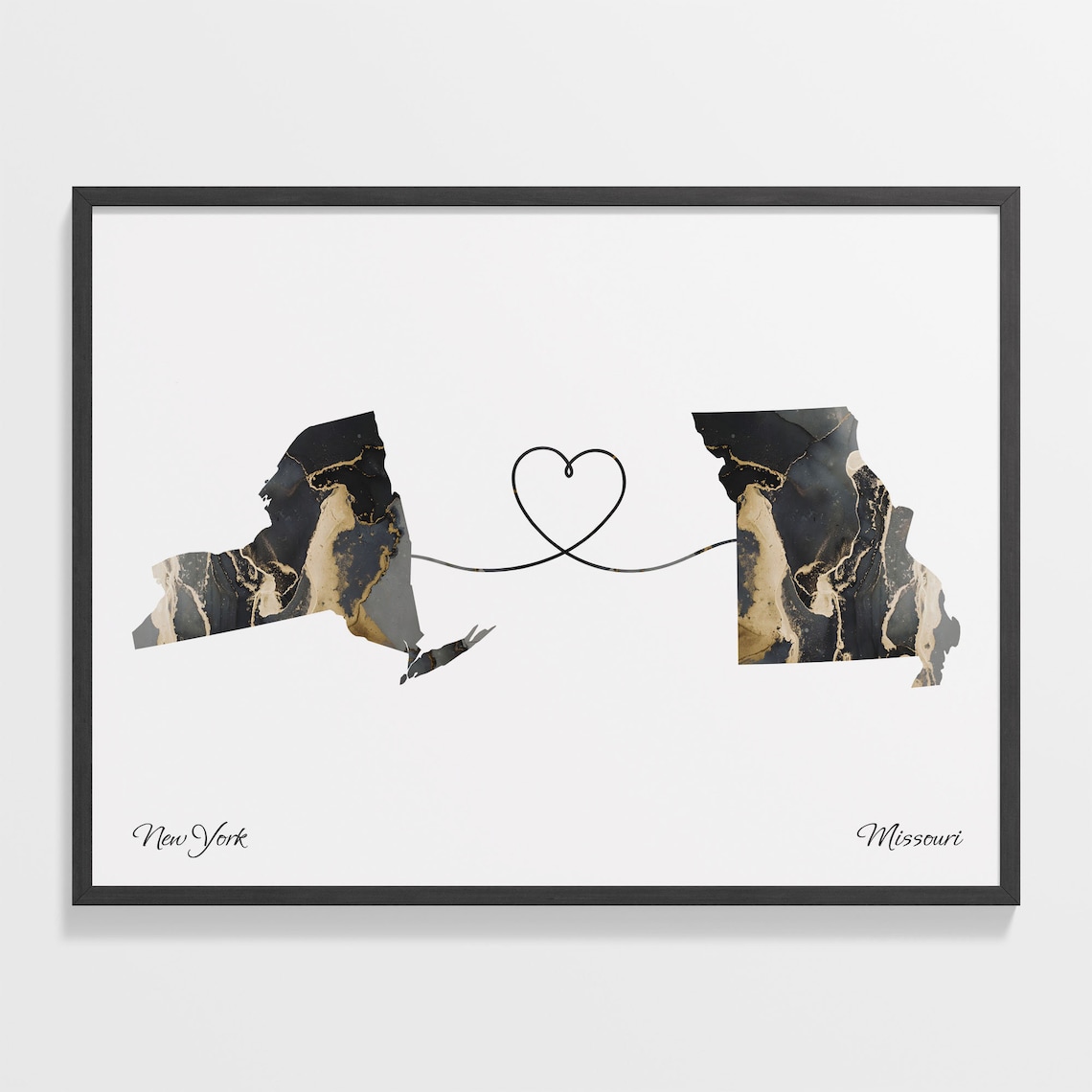 New York to Missouri Long Distance Love Marble Map Art Poster