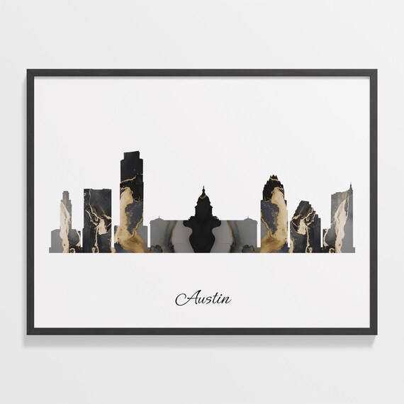 Austin Black Gold Marble Skyline United States Cityscape Travel Gift Poster