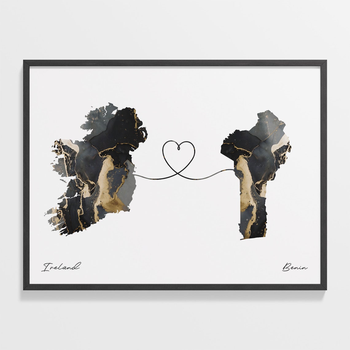 Ireland to Benin Heart Line Two Countries Black Gold Marble Poster