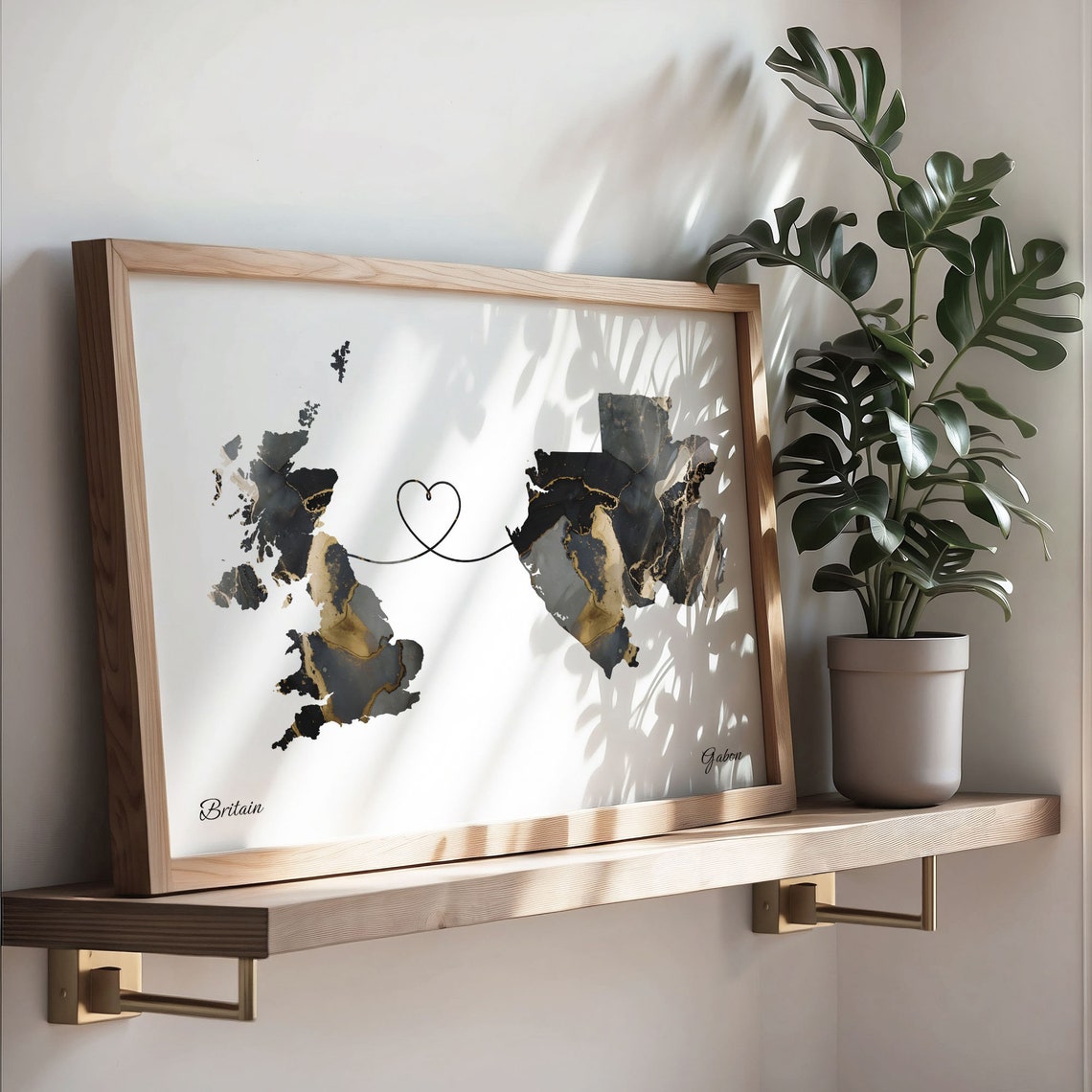 Britain to Gabon Black Gold Marble Map Heart Line Art Poster - Image 3