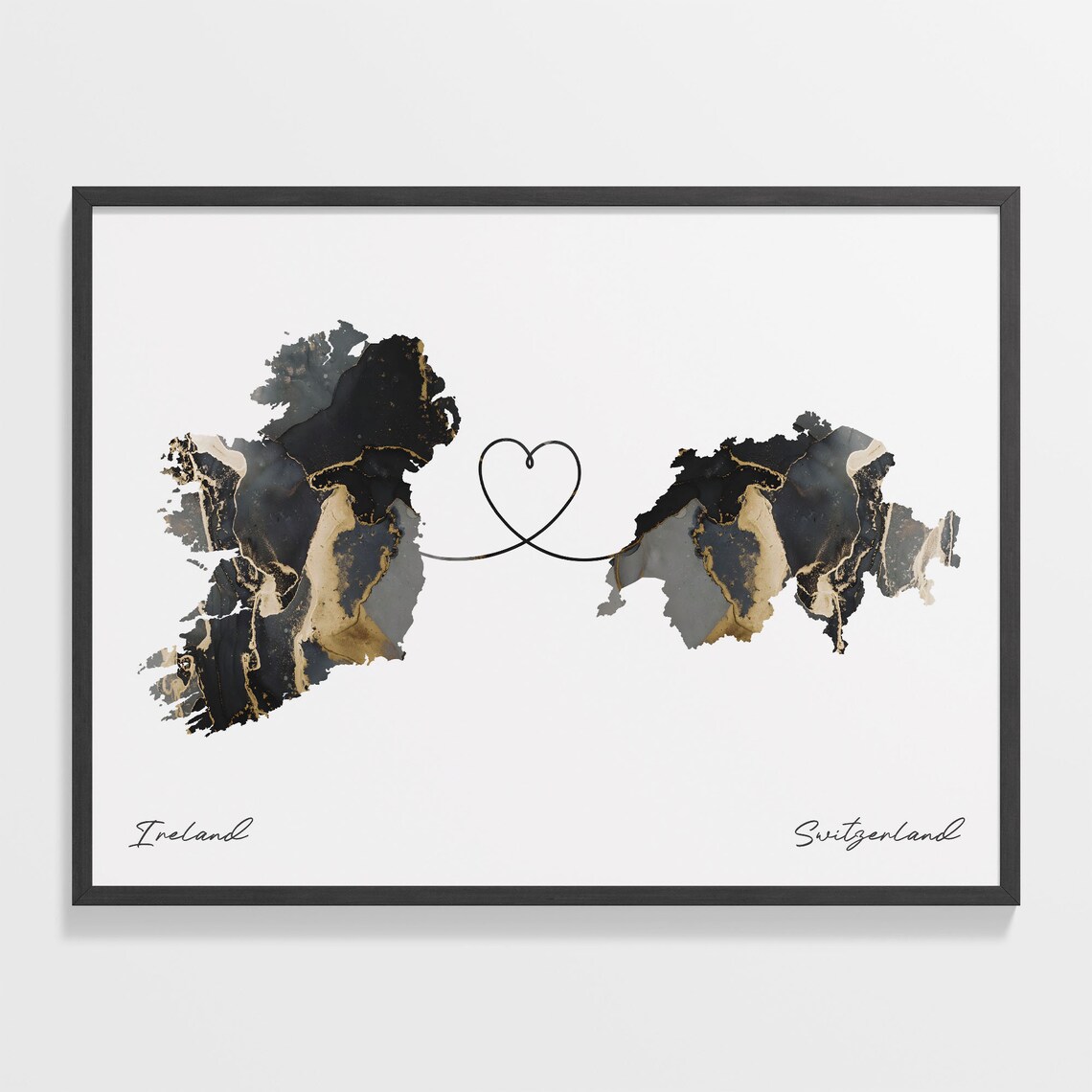 Ireland To Switzerland Black Gold Marble Two Country Heart Map Poster