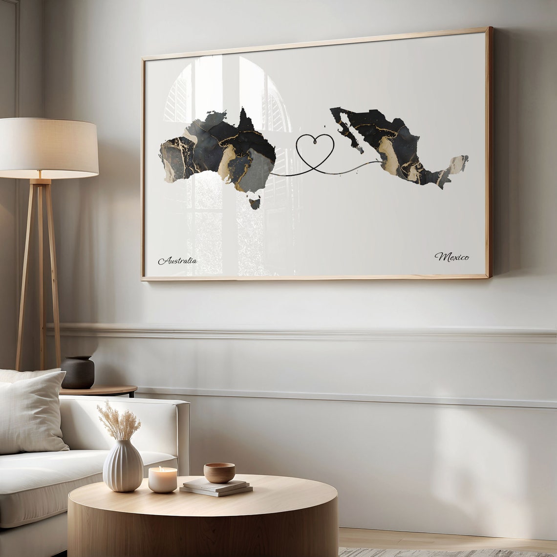 Australia Mexico Long Distance Love Black Marble Heart Map Poster - Image 2