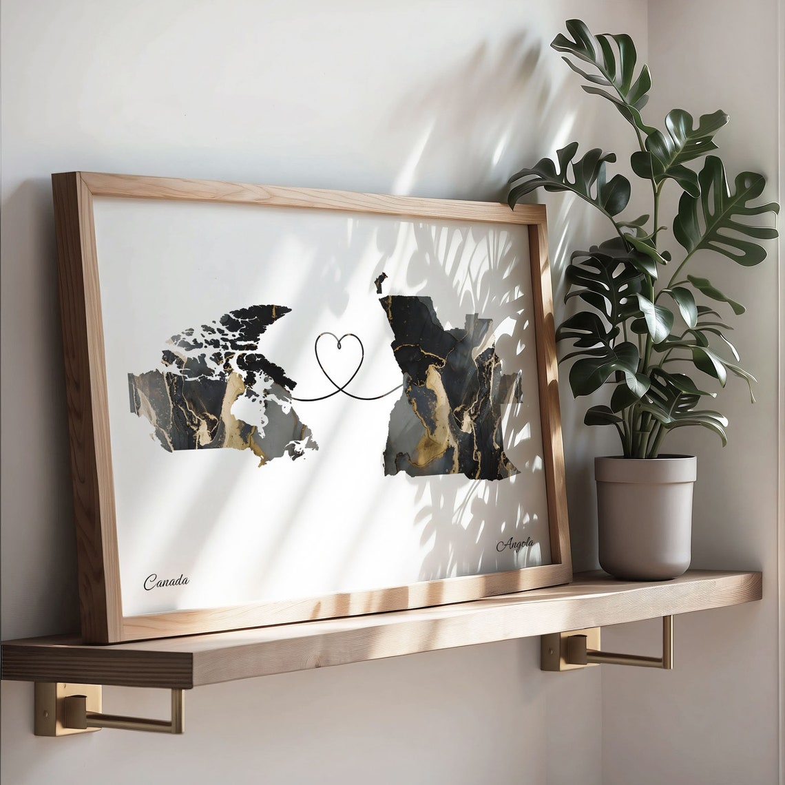 Canada To Angola Black Gold Marble Long Distance Heart Map Poster - Image 3