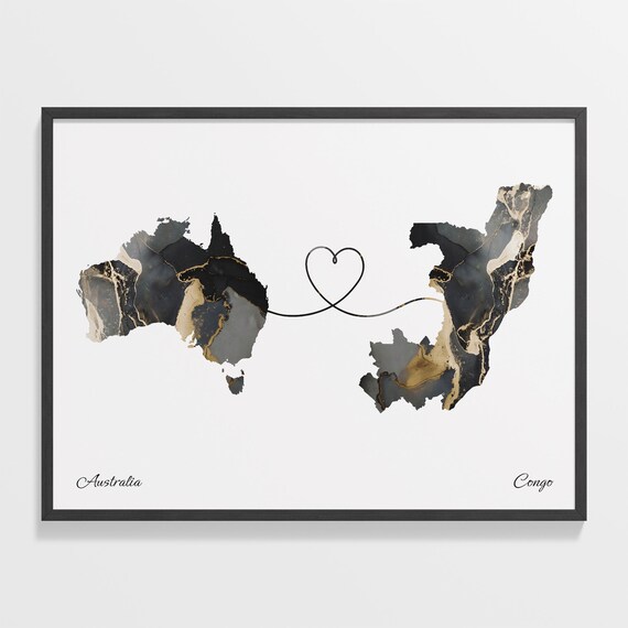 Australia To Congo Marble Heart Map Two Country Long Distance Gift Poster