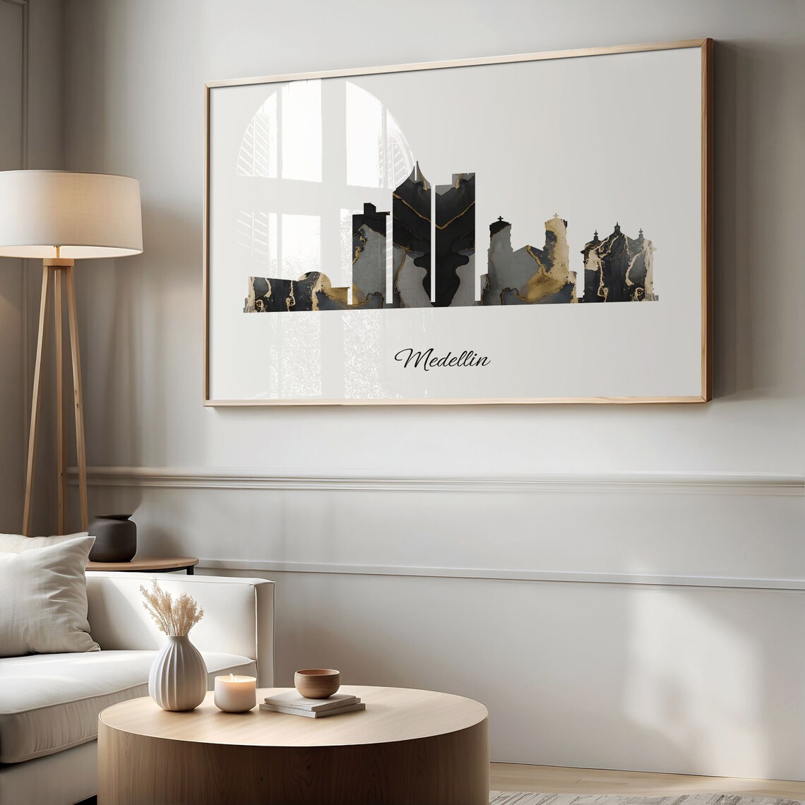 Marble Cityscape Medellin Skyline Colombia Black Gold Elegant Art Poster - Image 2