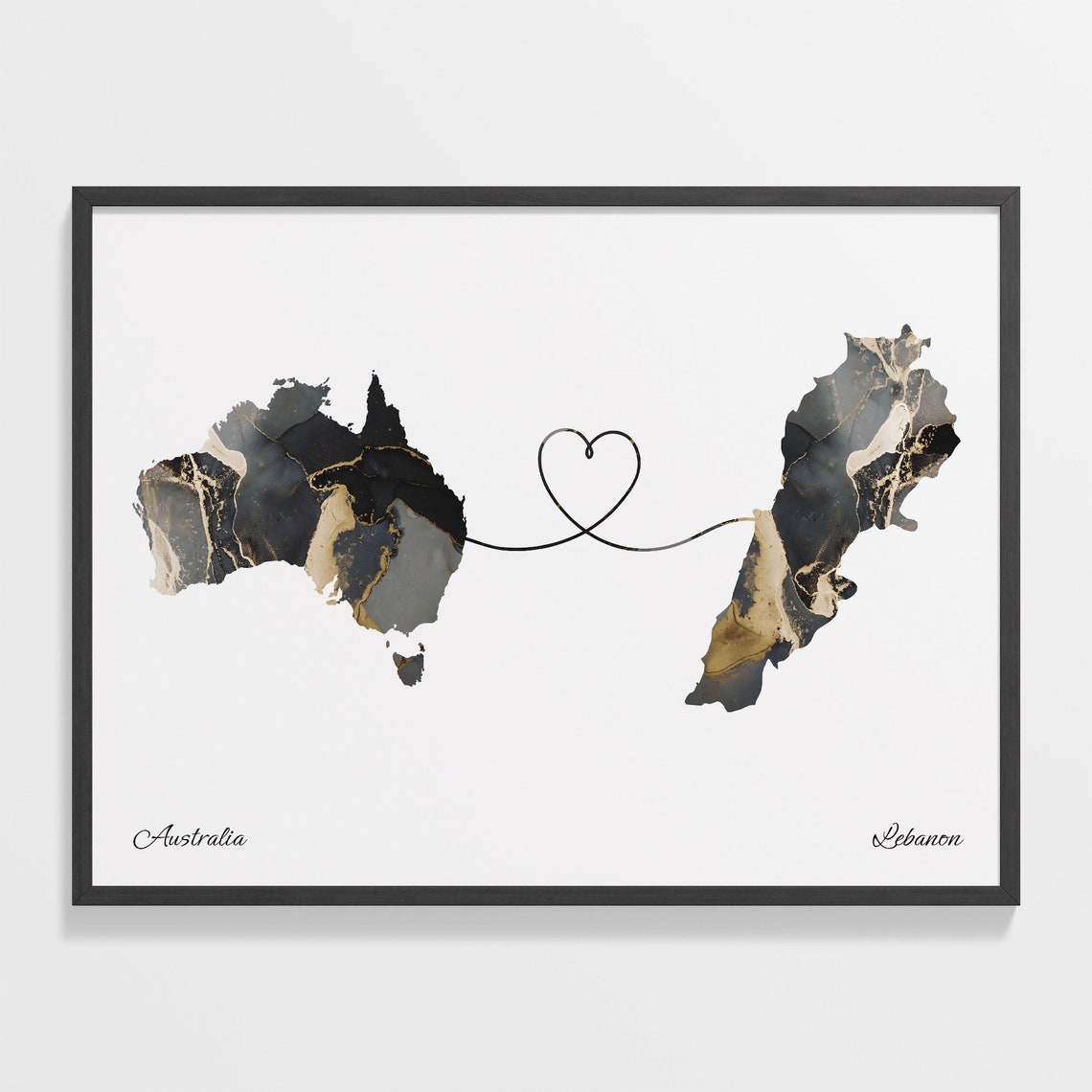 Australia to Lebanon Black and Gold Marble Two Country Map Poster