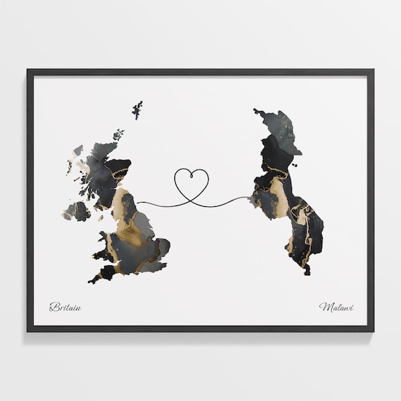 Britain Malawi Black Gold Marble Map Art Heart Connection Poster