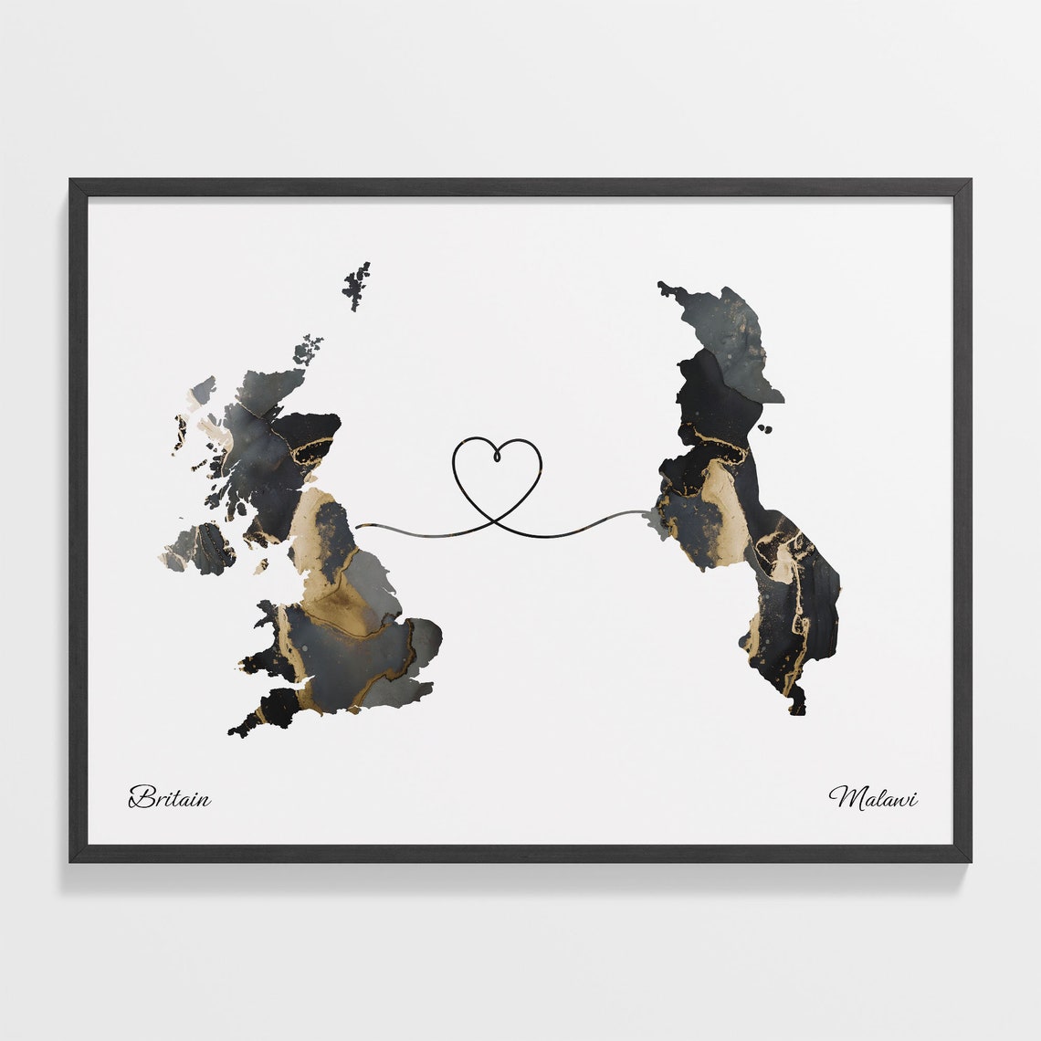 Britain Malawi Black Gold Marble Map Art Heart Connection Poster