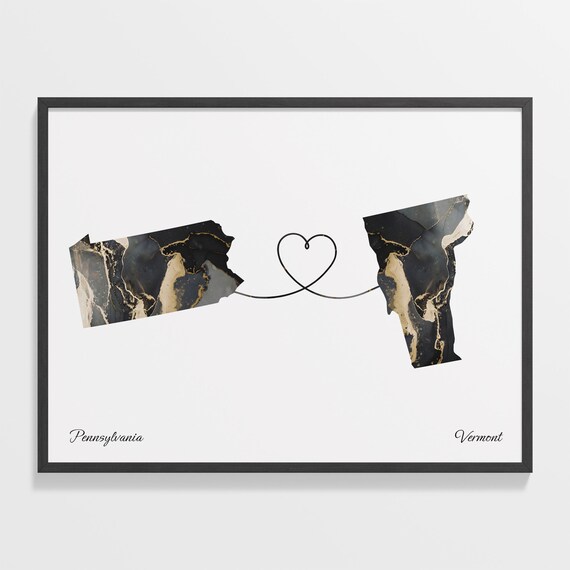 Pennsylvania to Vermont Black Gold Marble Map Heart Connection Poster