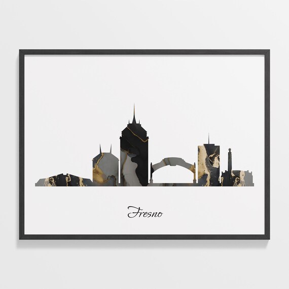 Fresno Skyline Minimalist Black Gold Marble Cityscape Art Poster