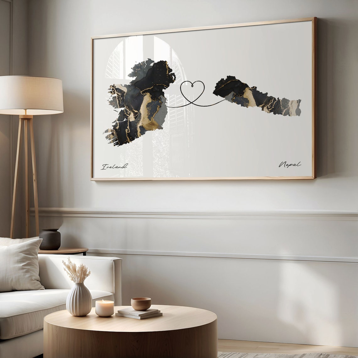 Ireland To Nepal Modern Marble Effect Two Country Heart Map Poster - Image 2