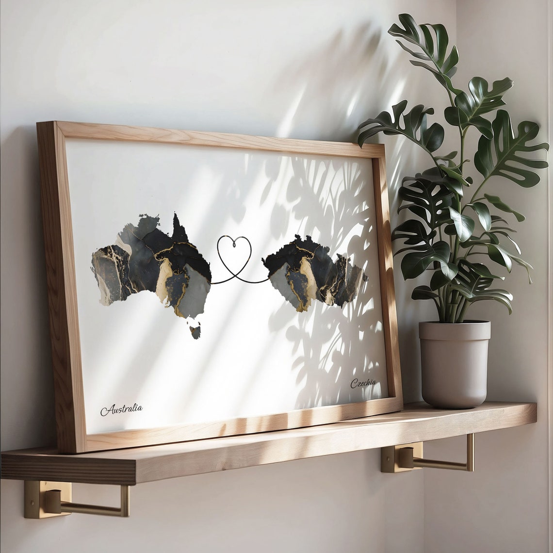 Australia and Czechia Black Marble Heart Connection Map Poster - Image 3