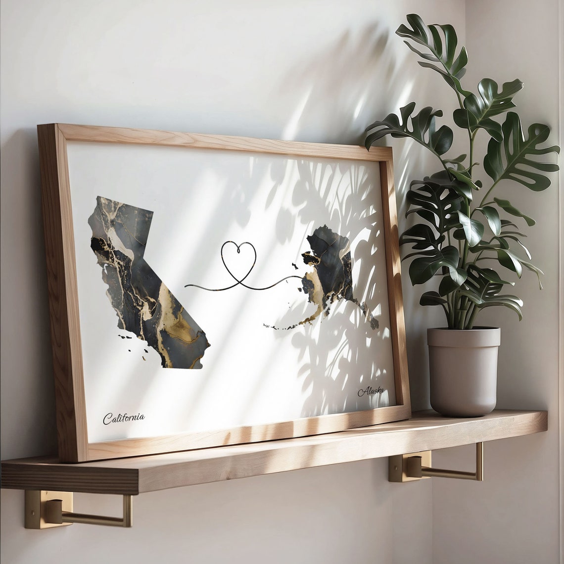 California to Alaska Black Gold Marble Map Heart Line Art Poster - Image 4