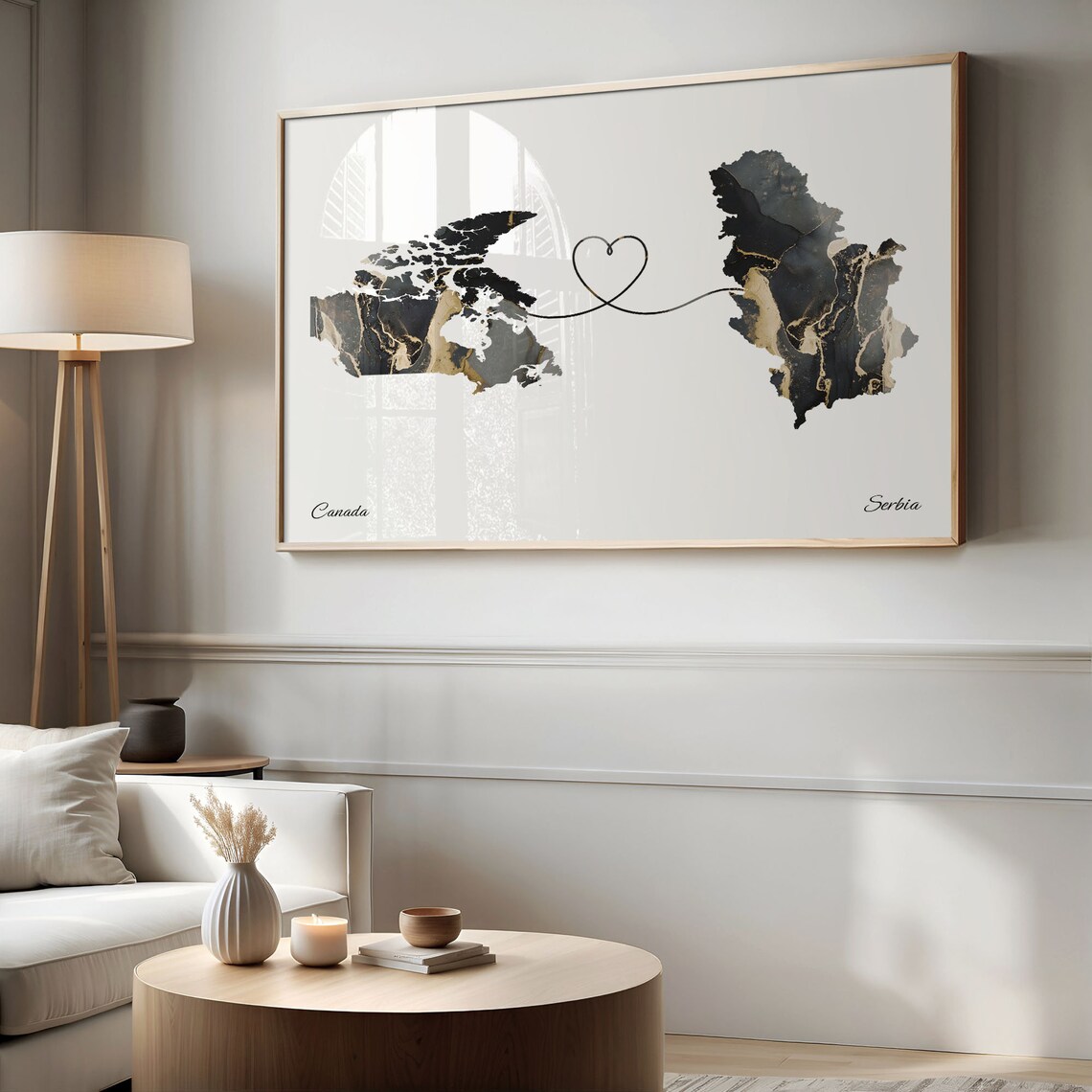 Canada and Serbia Long Distance Black Marble Heart Connection Map Poster - Image 2