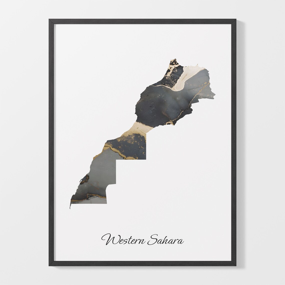 Western Sahara Black and Gold Marble Region Map Silhouette Minimalist Poster