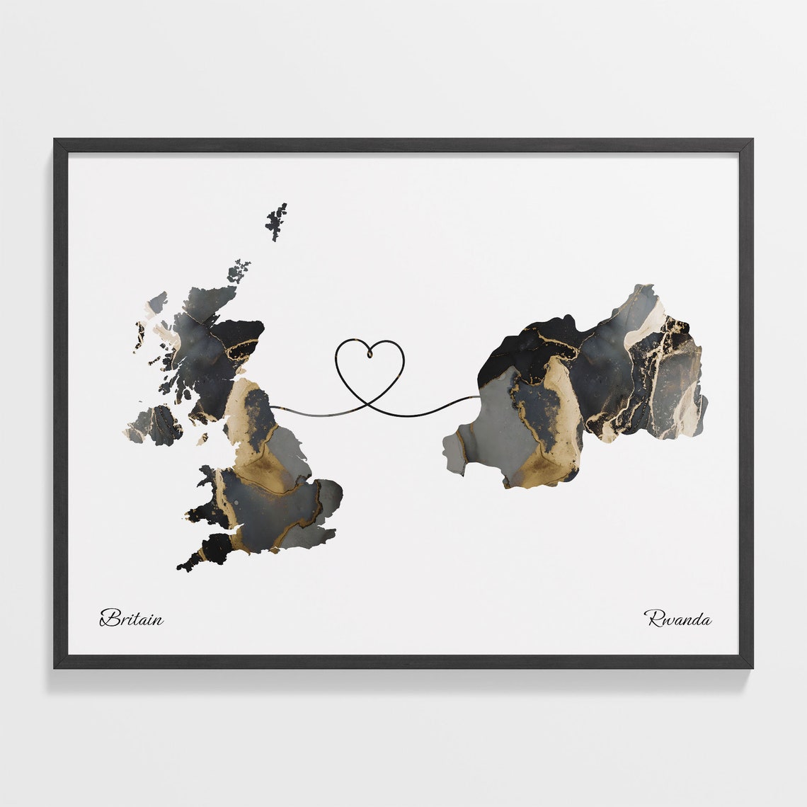 Britain and Rwanda Heart Connection Black and Gold Marble Poster