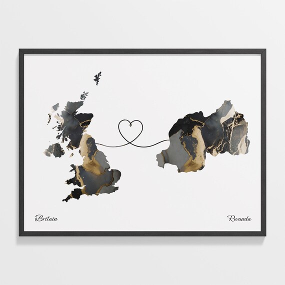 Britain and Rwanda Heart Connection Black and Gold Marble Poster