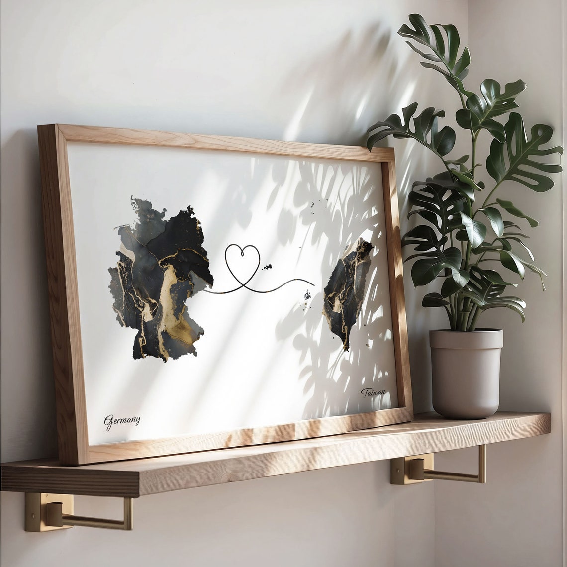 Germany To Taiwan Black Gold Marble Long Distance Heart Map Poster - Image 3