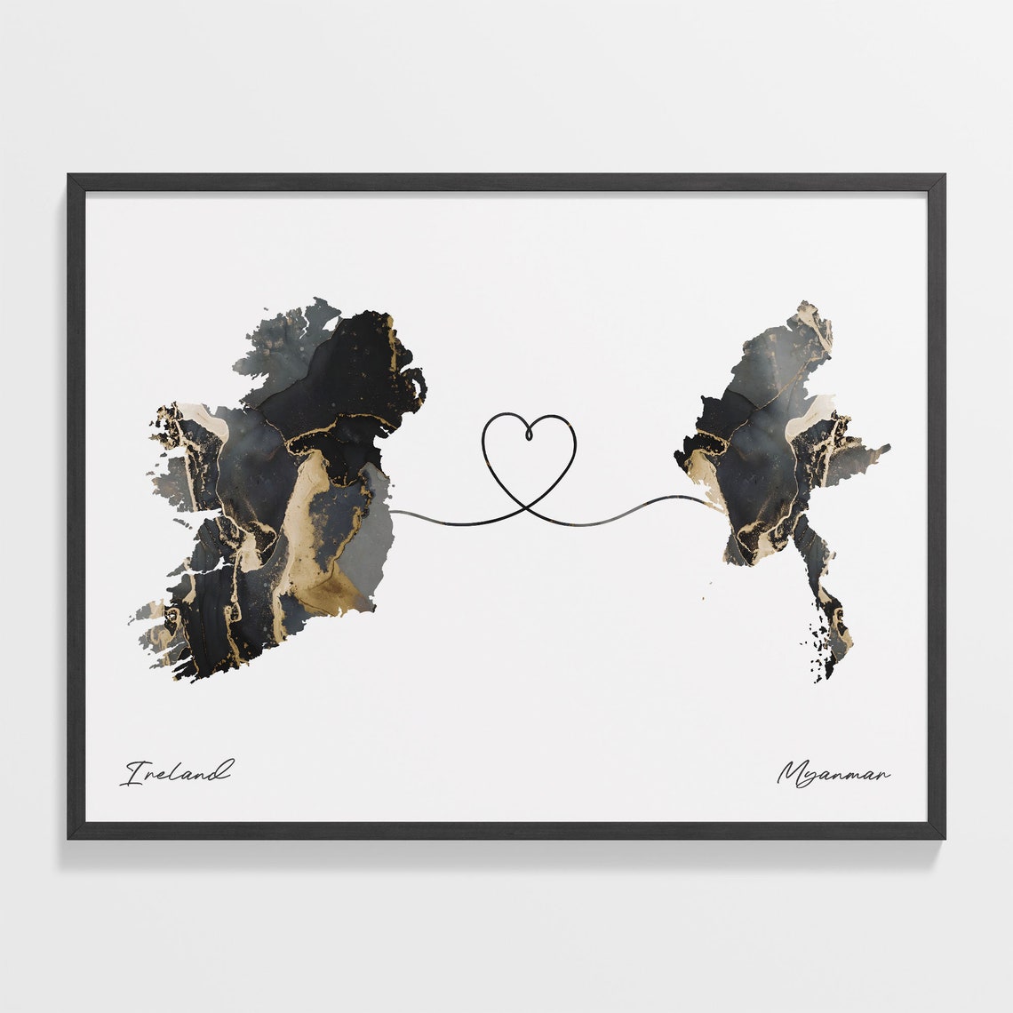 Ireland To Myanmar Modern Marble Effect Two Country Heart Map Poster