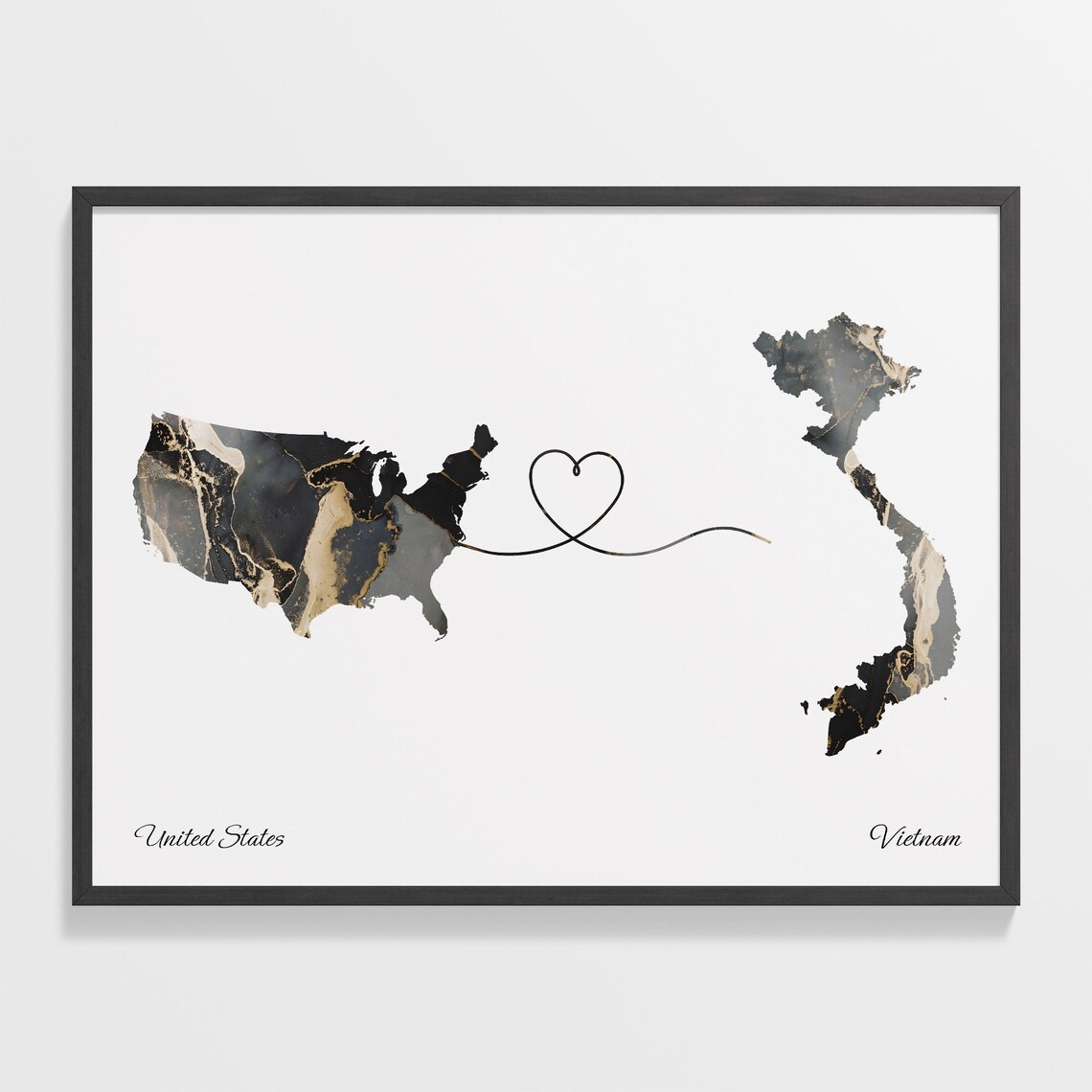 USA to Vietnam Countries Map Poster, Travel Art Print