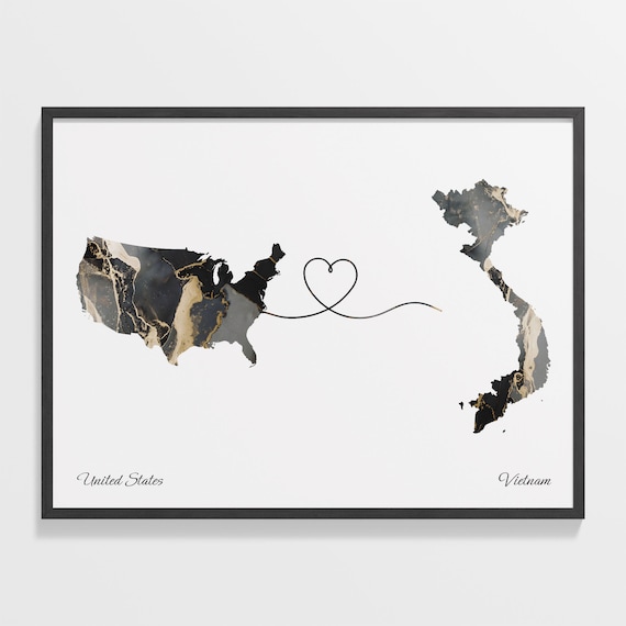 USA to Vietnam Countries Map Poster, Travel Art Print