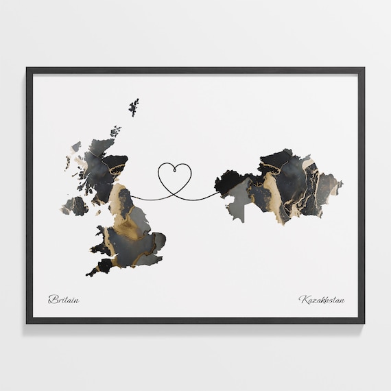 Britain To Kazakhstan Long Distance Marble Map Heart Print Art