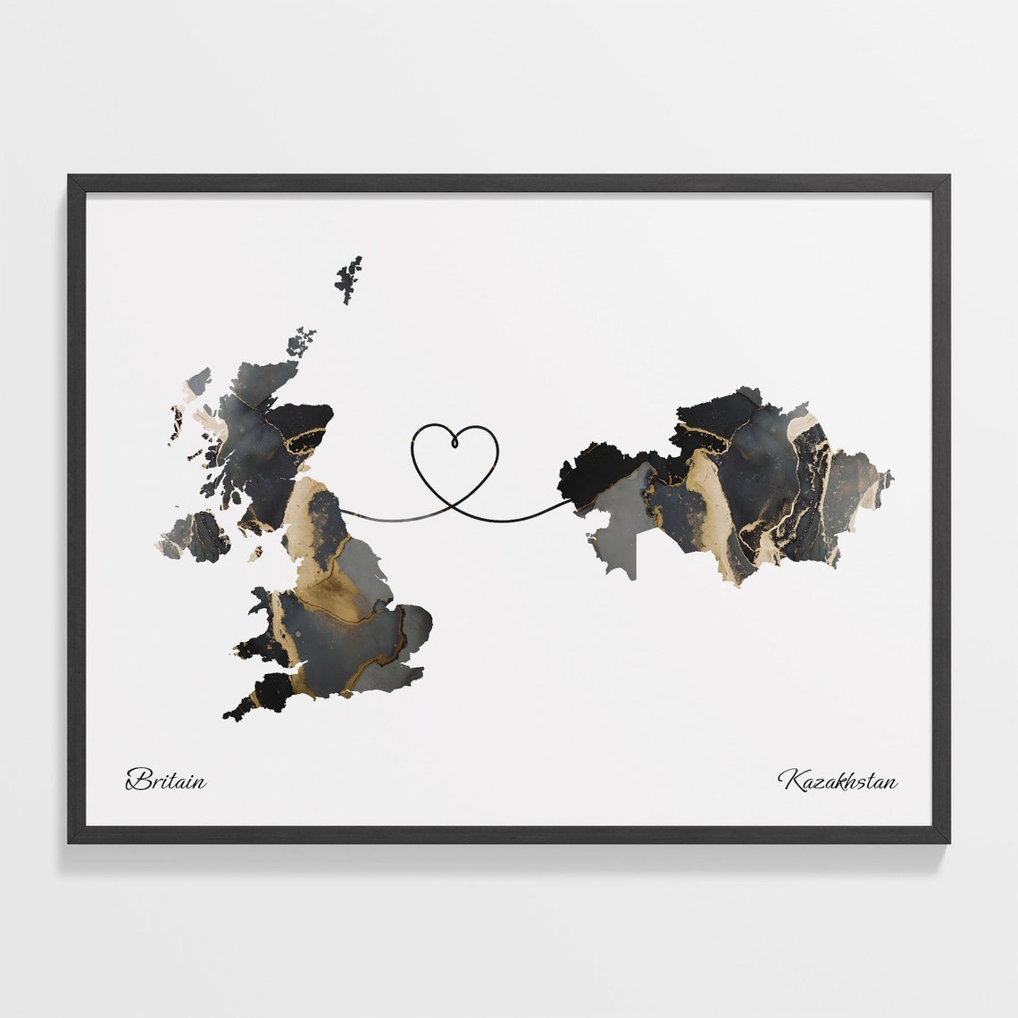 Britain To Kazakhstan Long Distance Marble Map Heart Print Art