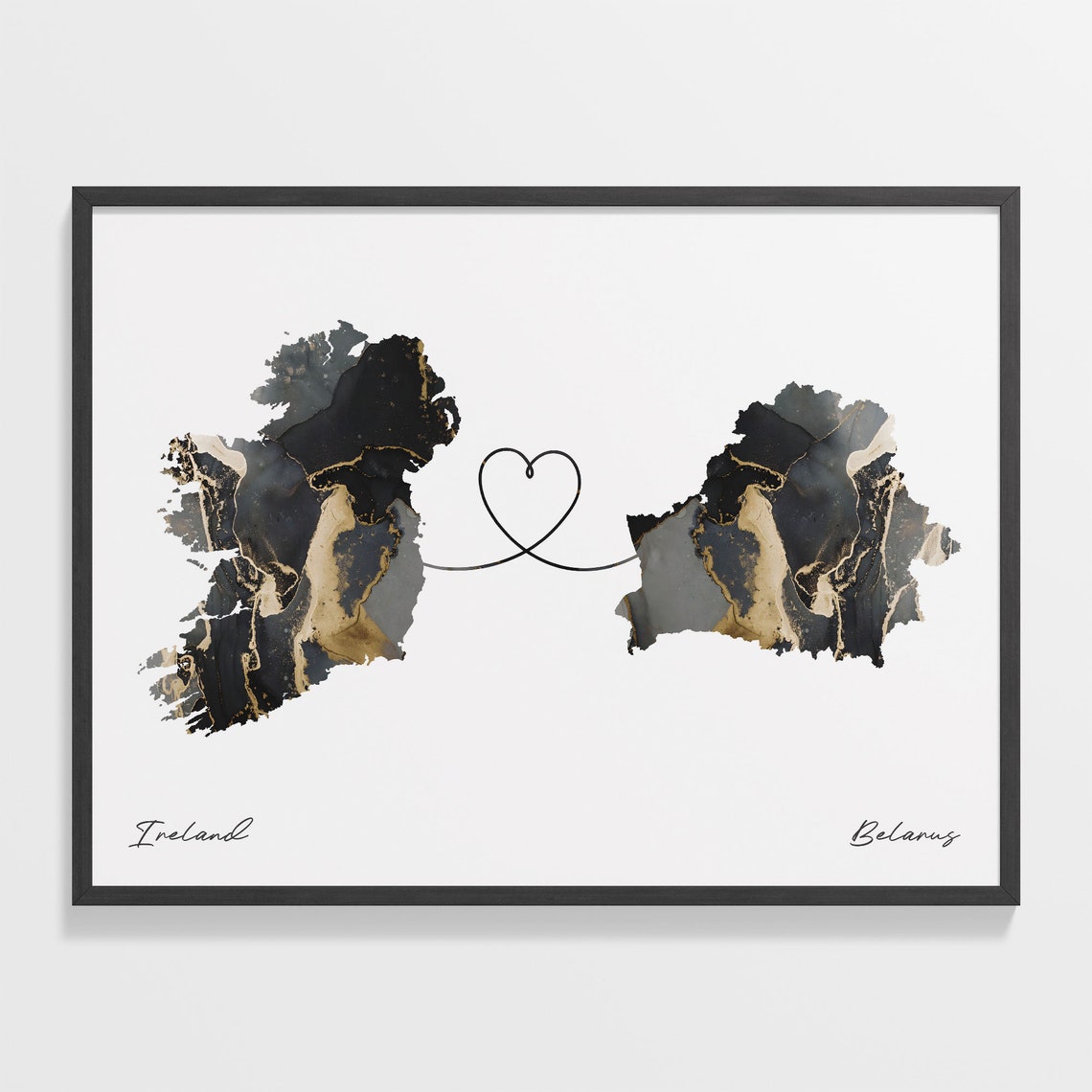 Ireland To Belarus Heart Connected Black Marble Country Map Poster