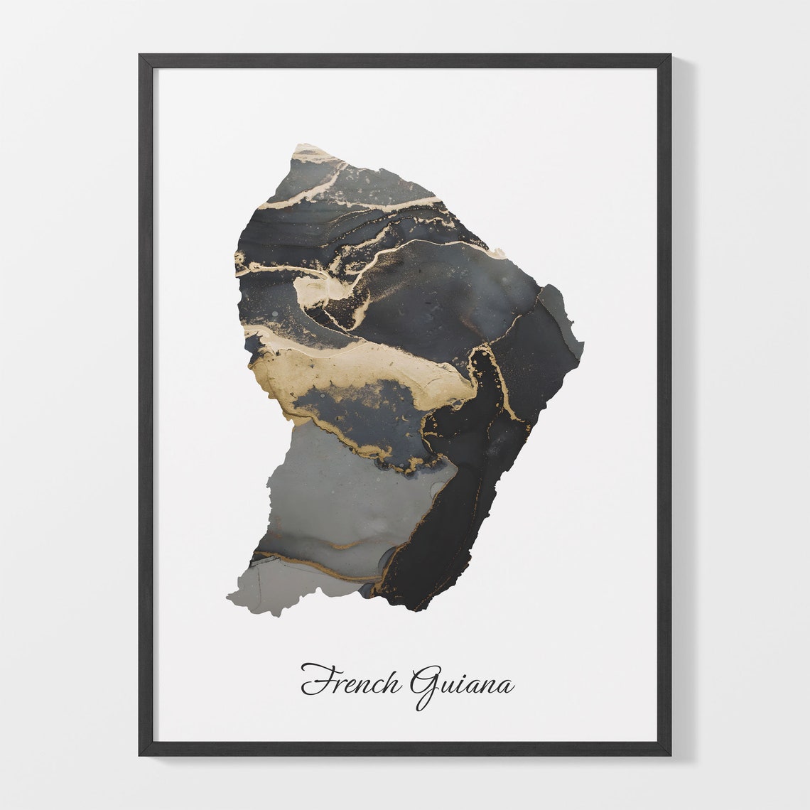 French Guiana Black and Gold Marble Country Map Elegant Decor Poster