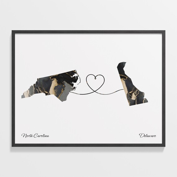 North Carolina to Delaware Black Marble State Map Long Distance Love Poster