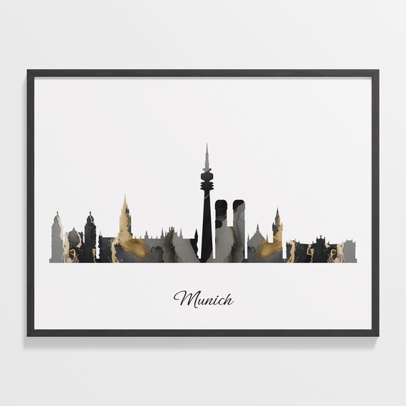 Munich Skyline Minimalist Black Gold Marble Cityscape Art Poster