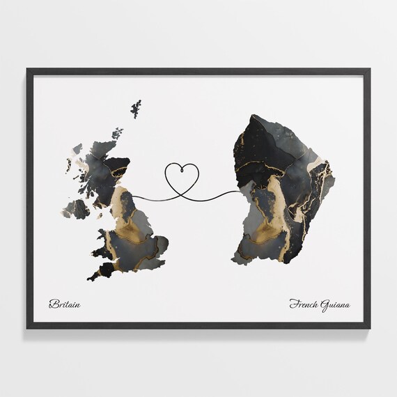 Britain to French Guiana Black Gold Marble Map Heart Line Art Poster