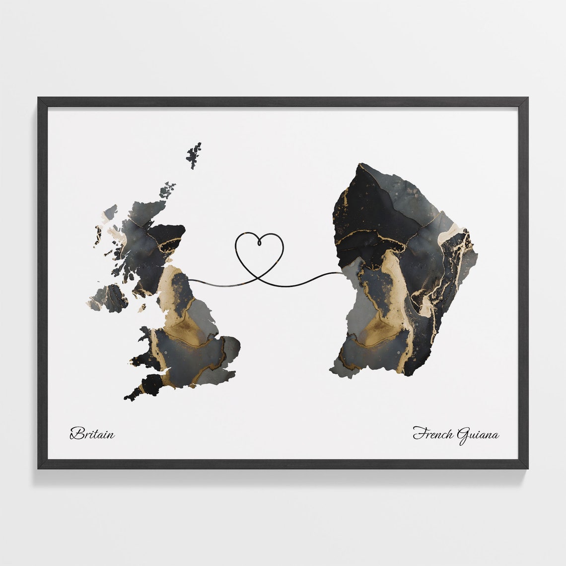 Britain to French Guiana Black Gold Marble Map Heart Line Art Poster