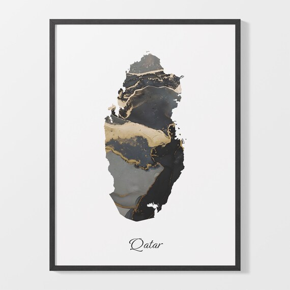 Qatar Elegant Black Gold Marble Country Map Home Decor Art Poster
