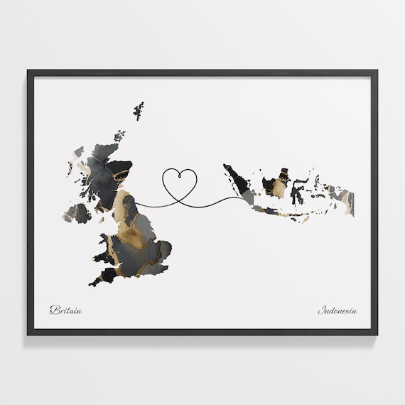Britain to Indonesia Heart Connected Long Distance Marble Map Poster