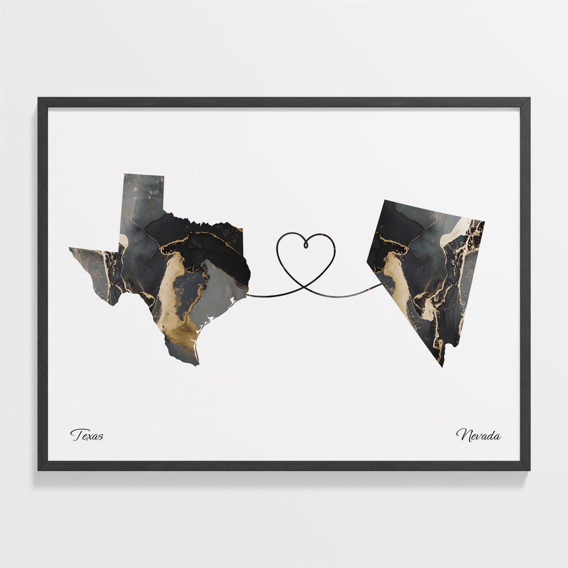Texas Nevada Long Distance Love Black Marble Heart Map Poster