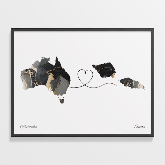 Australia Samoa Long Distance Love Heart Marble Map Gift Poster