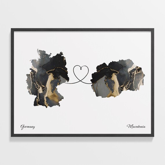 Germany to Macedonia Black and Gold Marble Two Country Map Poster