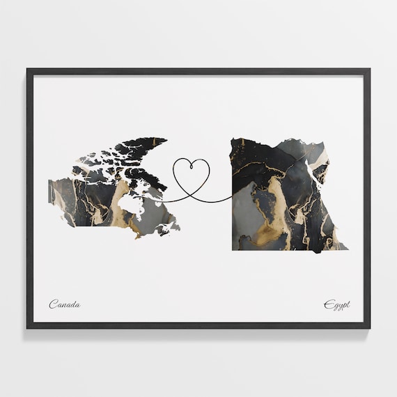 Canada To Egypt Marble Heart Map Two Country Long Distance Gift Poster