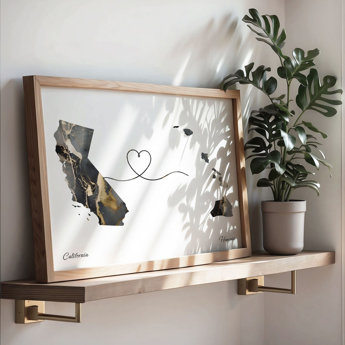 California to Hawaii Black Gold Marble Map Heart Line Art Poster - Image 4