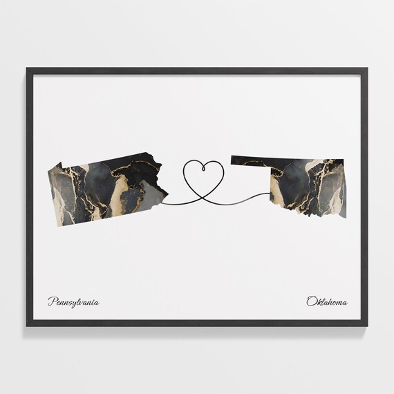 Pennsylvania to Oklahoma Long Distance Love Marble Map Art Poster