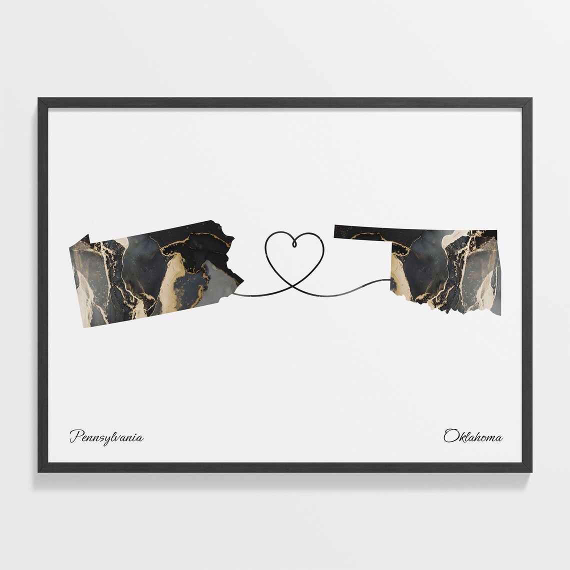 Pennsylvania to Oklahoma Long Distance Love Marble Map Art Poster