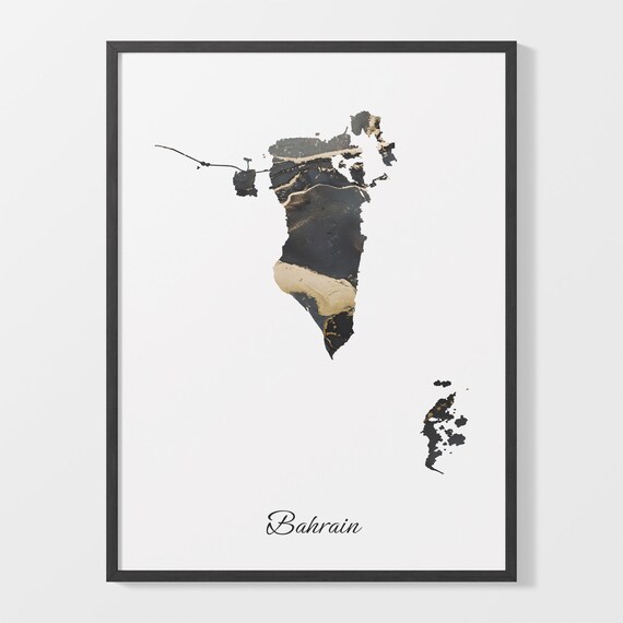Bahrain Black and Gold Marble Silhouette Country Map Art Poster