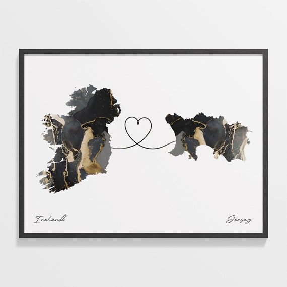 Ireland To Jersey Print Japanese Gift Marble Two Countries Map Poster Travel Art Countries Heart C22 1086