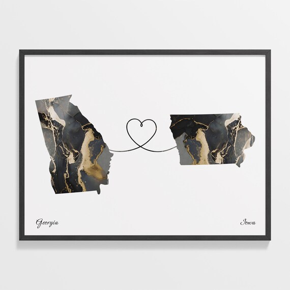 Georgia Iowa Long Distance Black Gold Marble Heart Map Poster