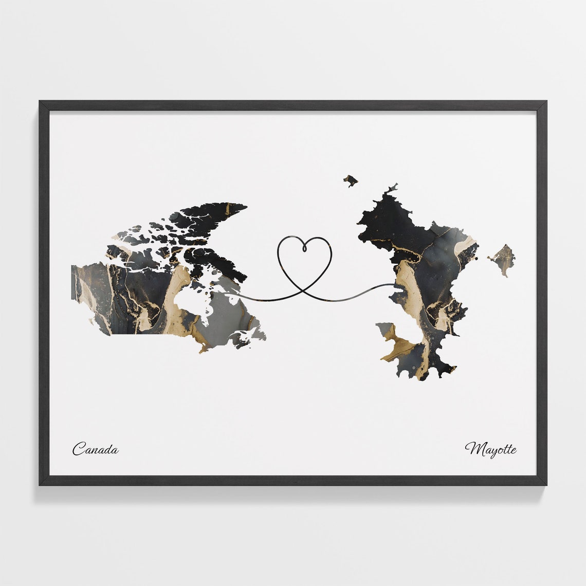 Canada and Mayotte Two Countries Black Gold Marble Map Poster