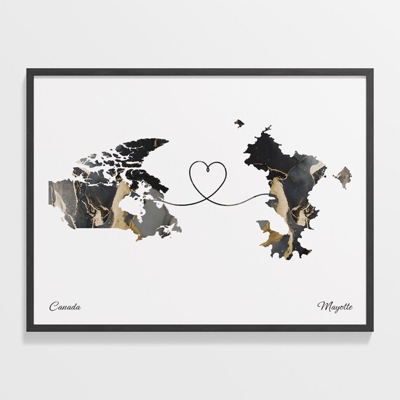 Canada and Mayotte Two Countries Black Gold Marble Map Poster