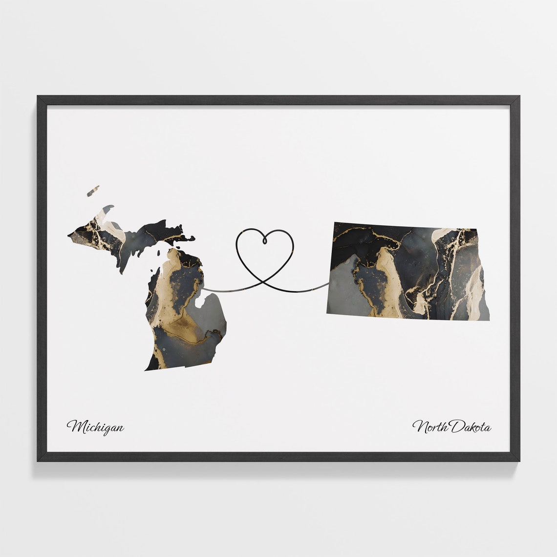 Michigan North Dakota Long Distance Love Black Gold Marble Map Poster